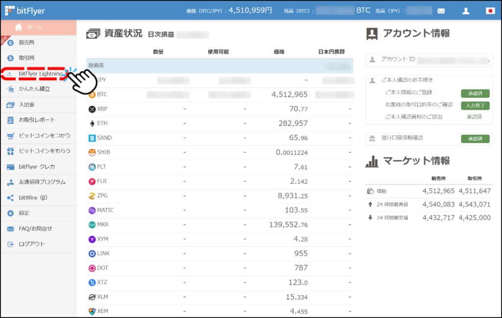 ビットフライヤーのホーム画面