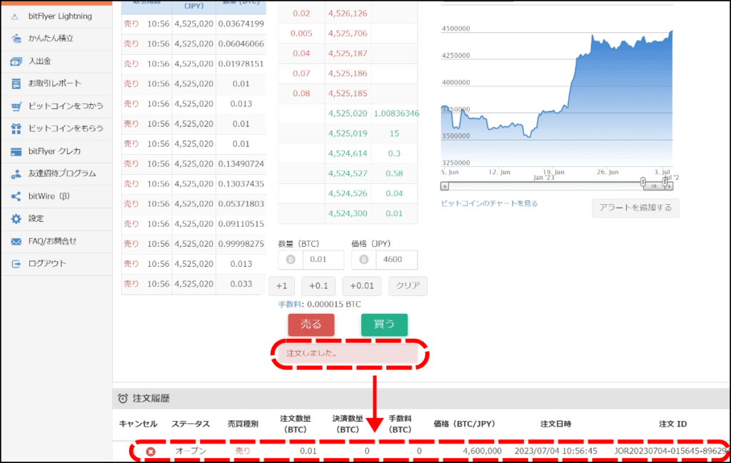 ビットフライヤーの取引所画面2