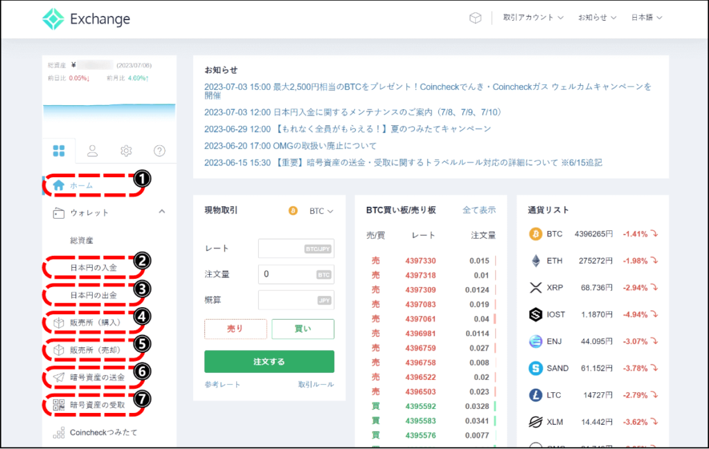 コインチェックのホーム画面